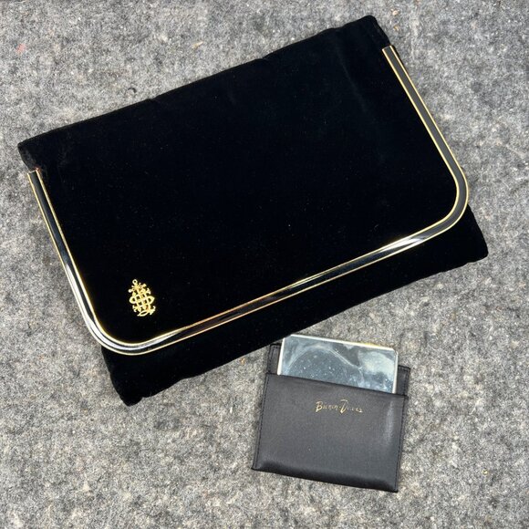 Bienen Davis VTG Black Velvet & Gold Tone Metal Trim Clutch W/ Mirror & Pouch - Picture 1 of 16